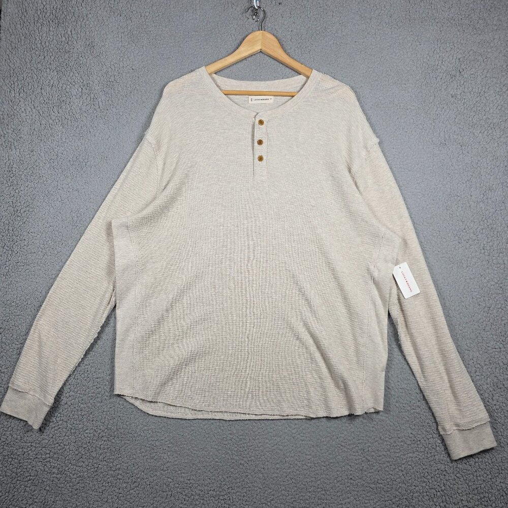 Lucky Brand Henley Sweatshirt Mens Size 2XL Beige Waffle Knit‎ Fringe Lining NWT